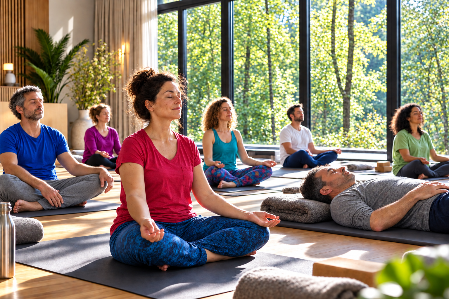 Participants in a relaxing yoga pose during a Reset & Reconnect session.