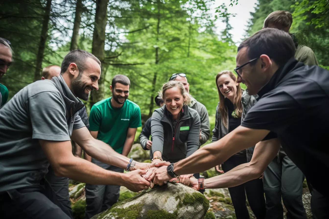 A team gathered around a shared outdoor challenge.