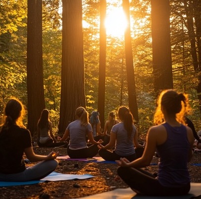 Groupe pratiquant le yoga au cœur de la forêt, dans la lumière chaude traversant les arbres.