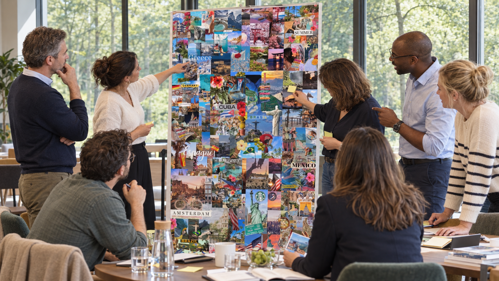 A team discusses a large collage of holiday destinations and compares travel preferences.