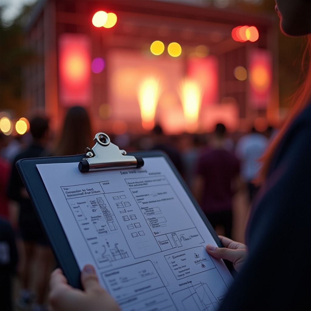 Coordinating an event in front of an illuminated stage.