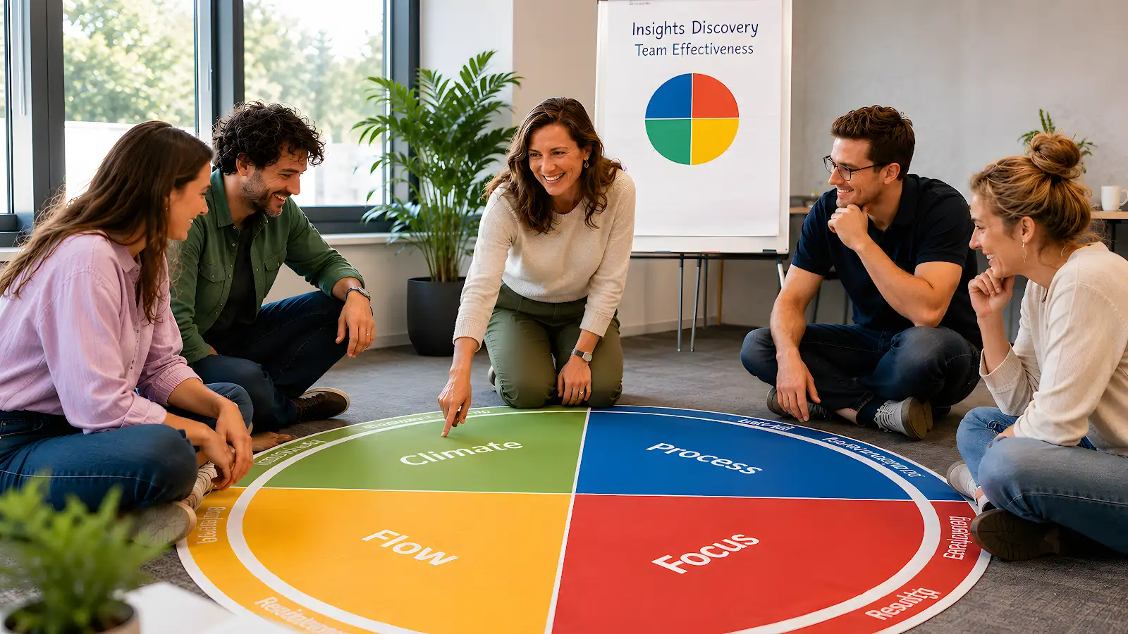 A team observing its dynamics around the Insights Discovery Team Effectiveness wheel.