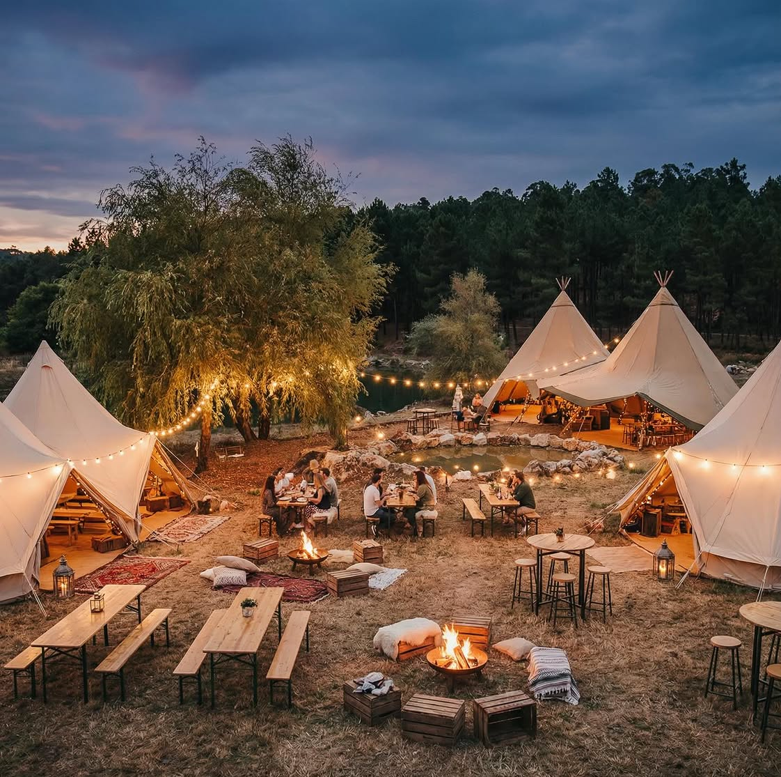 Illuminated tipis at dusk and guests gathered around wooden tables