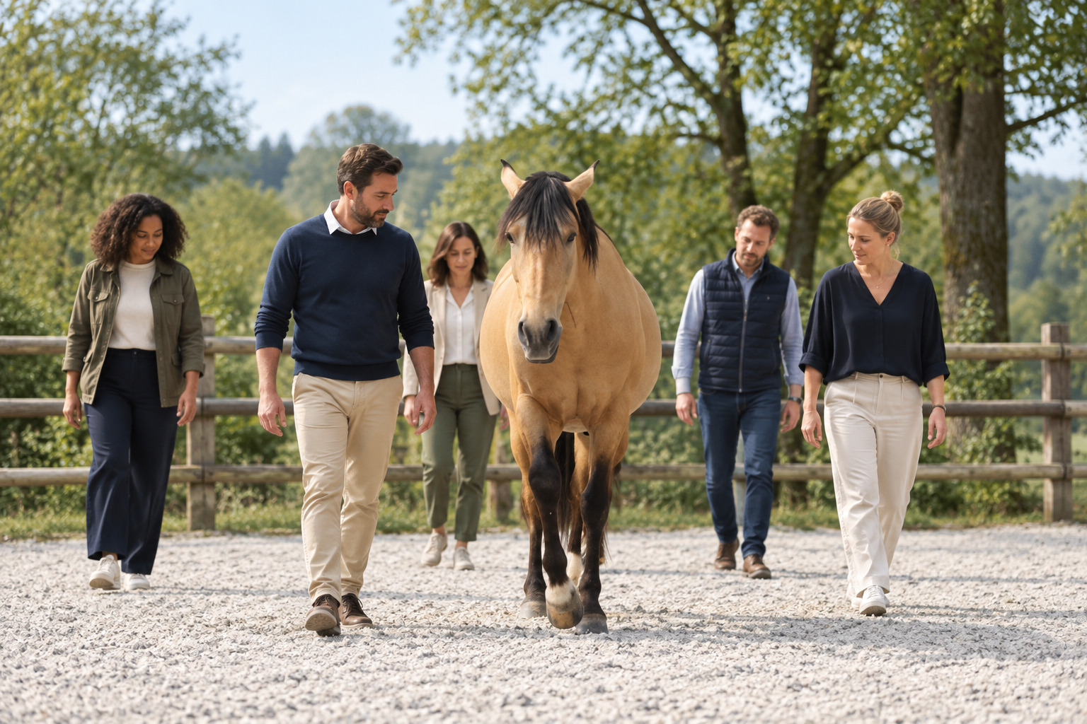 Participants and a horse during a 5 Roles of a Master Herder™ team workshop