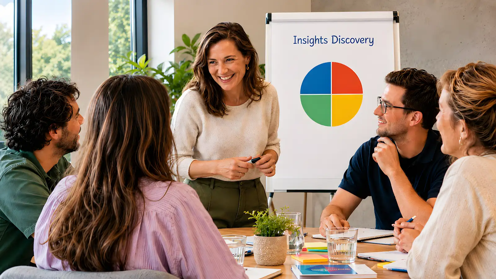 A facilitator exchanging with a team around the four Insights Discovery colour energies.