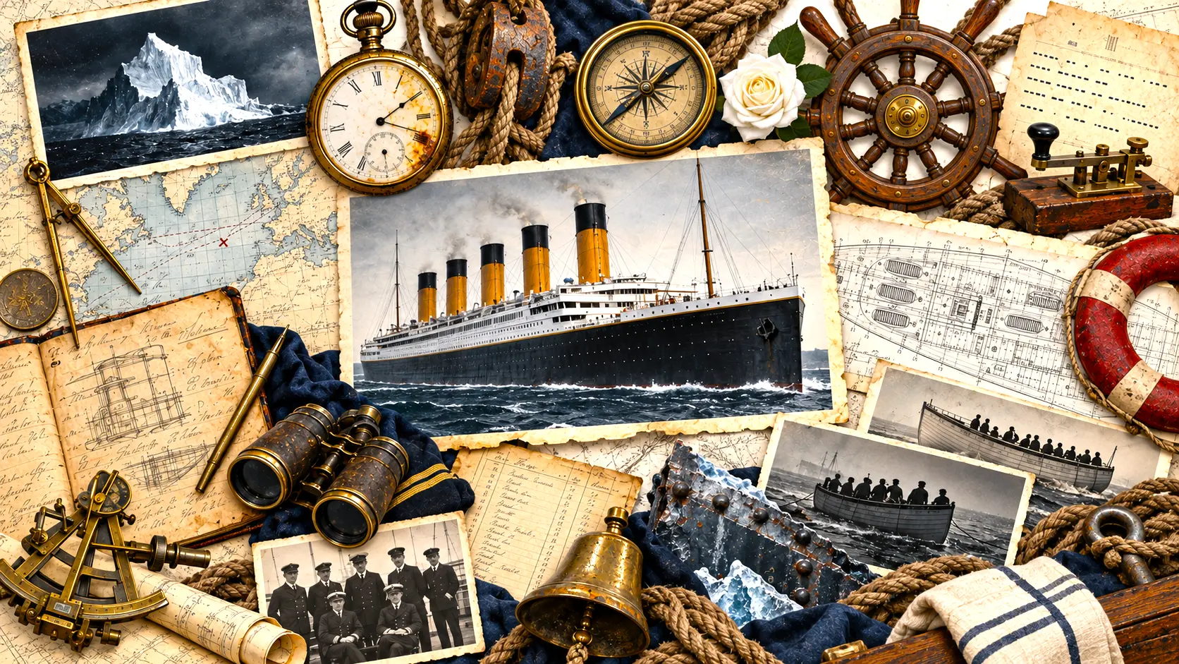 A collage of Titanic-era objects and documents: photographs, nautical charts, compass, wheel and life buoy.