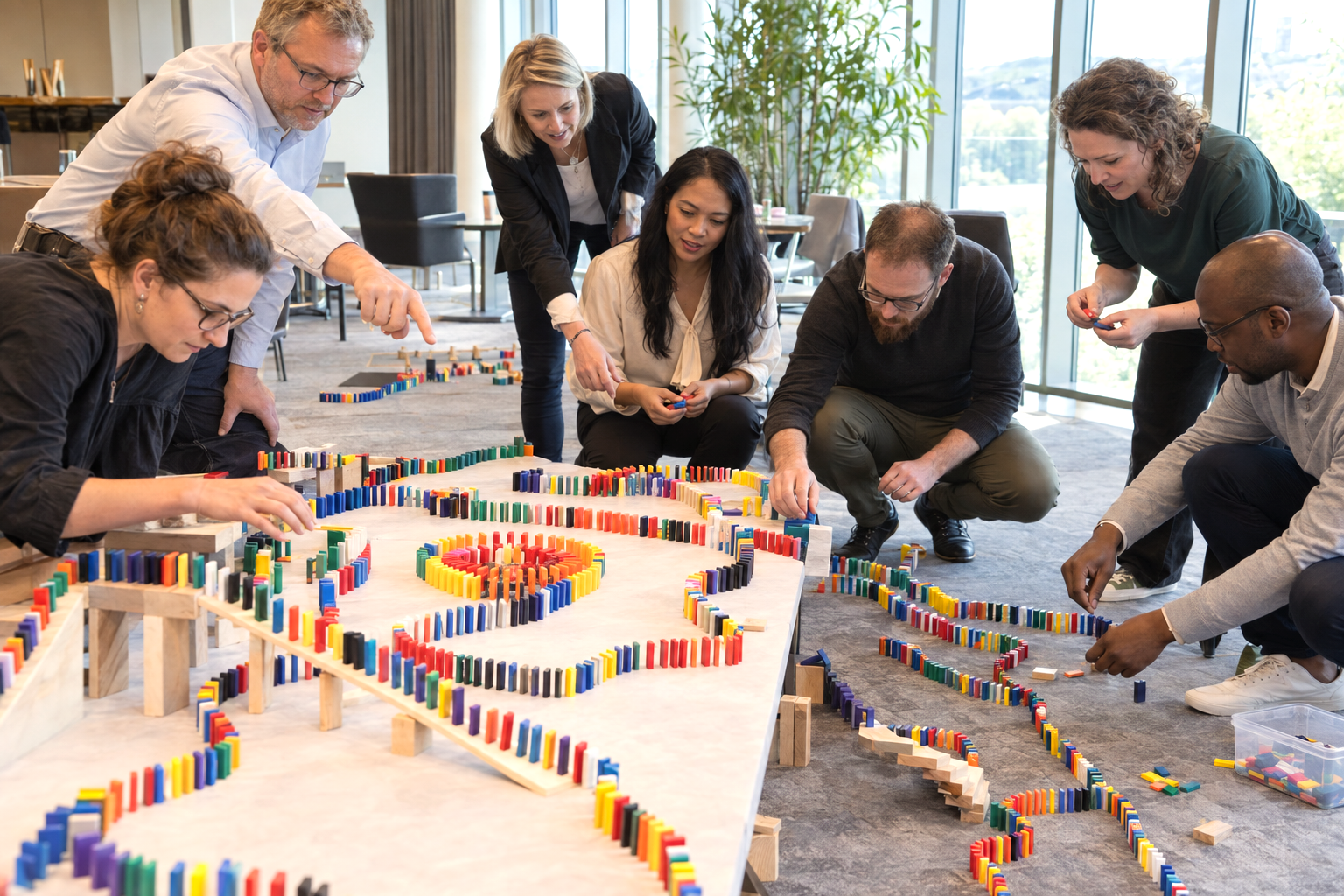 A team builds a colourful domino cascade together, concentrating on the precision of each gesture.