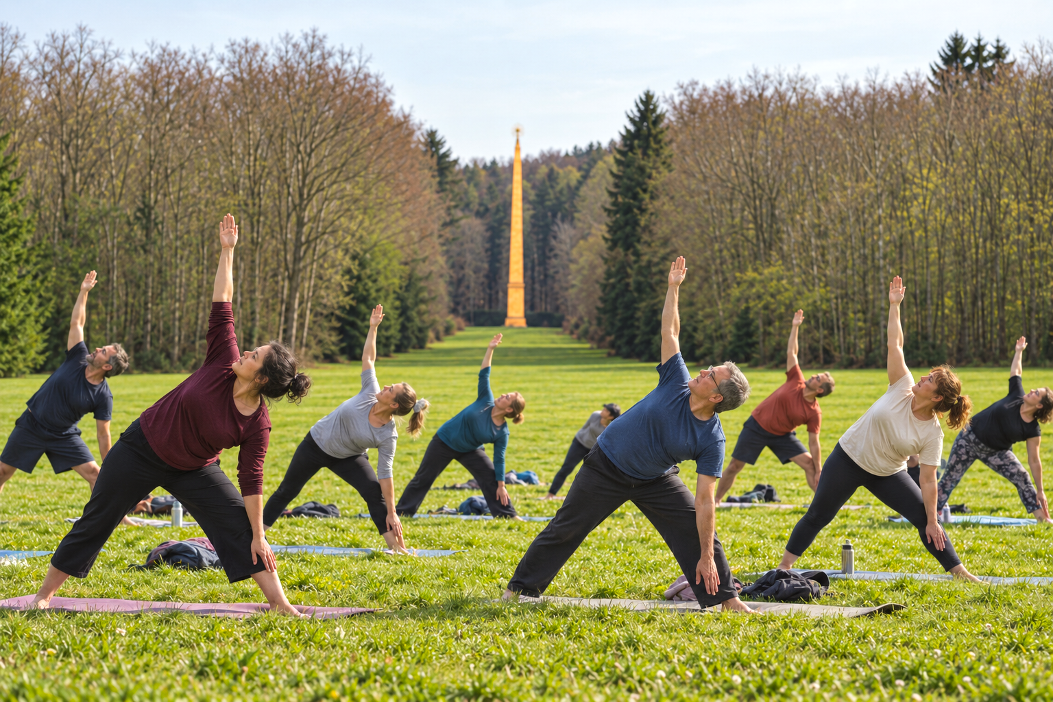 Women and men taking part in an outdoor group movement session facing the obelisk at Domaine Solvay.