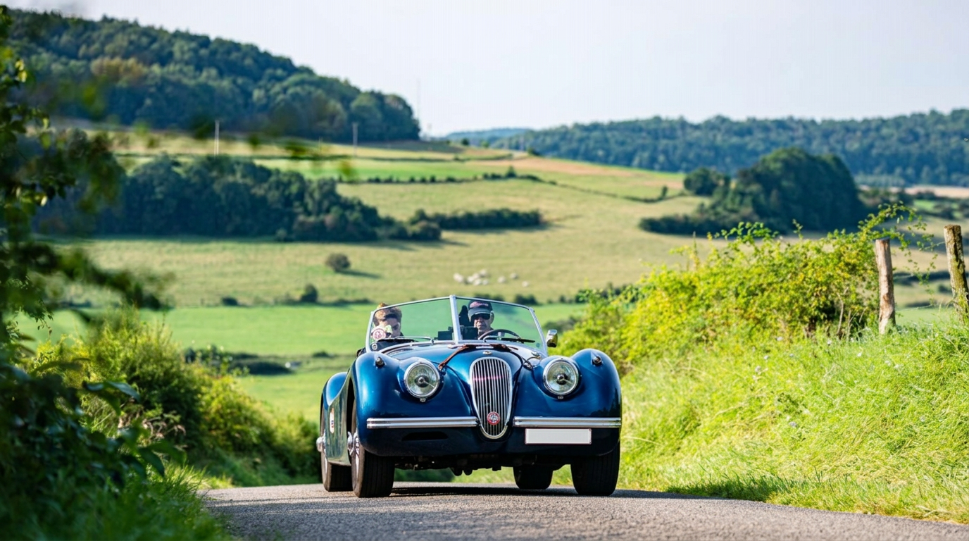 A blue classic car on a country road during an oldtimer rally
