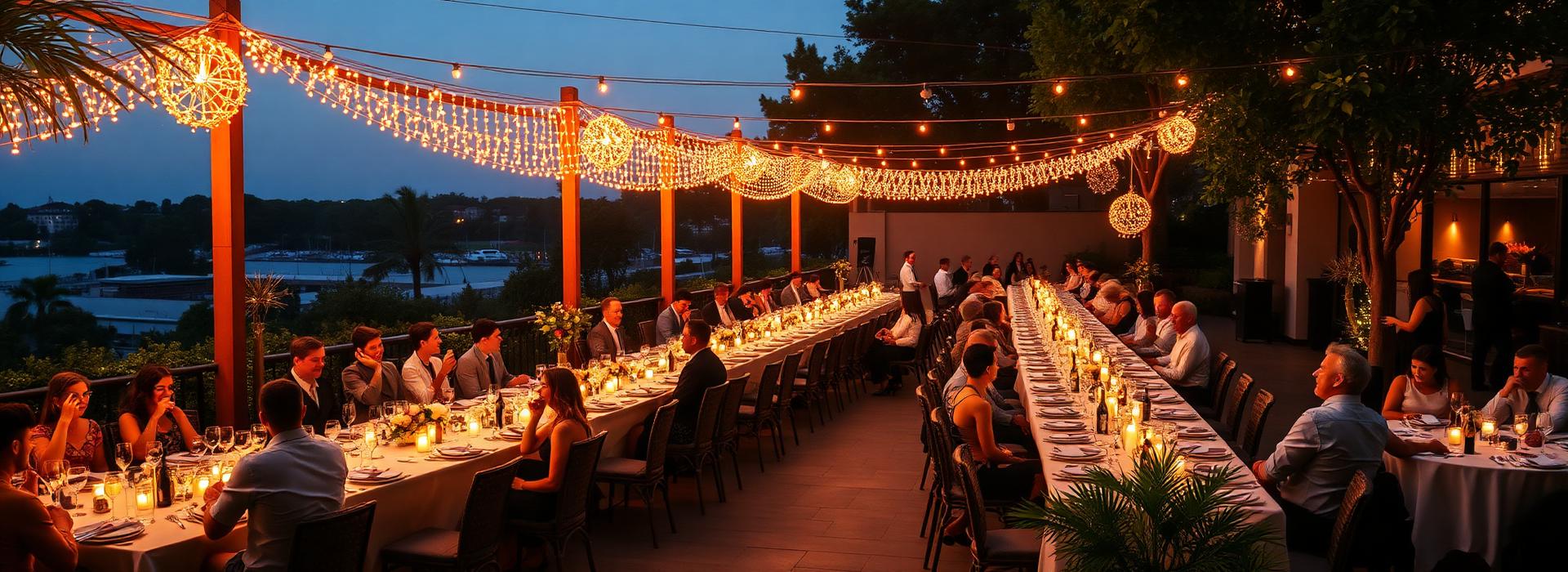 A large corporate evening on an illuminated terrace